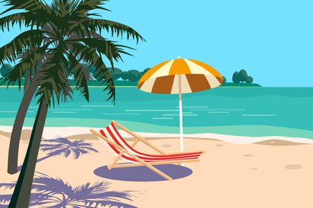 Summer Vacation Loungers On Sea Beach Landscape Beautiful Seascape Banner Seaside Holiday Vector Illustrationのイラスト素材