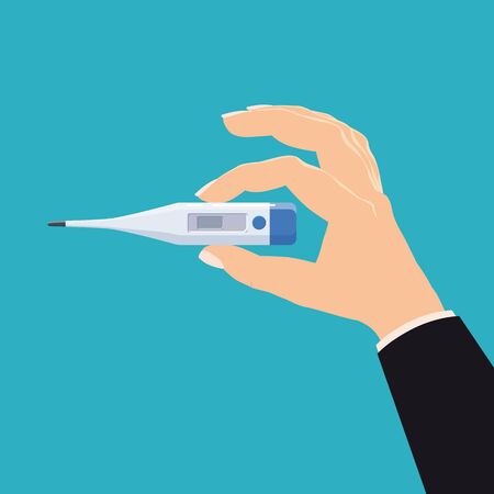 Hand hold Digital Thermometer medicine. Template banner vector illustration isolated cartoon flat styleのイラスト素材