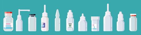 Pharmacy medical set bottles, jars, tubes, sprays droppers with capsのイラスト素材