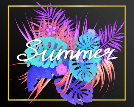 Summer trendy neon tropical leaves exotical plants palm jungle leaf lettering. Trending colors on dark background template banner. Vector illustration isolatedのイラスト素材