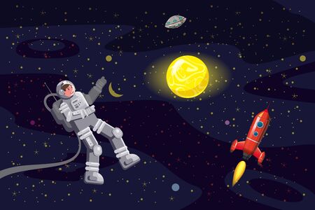 Space card background with spaceman, rocket, UFO, sun starsのイラスト素材