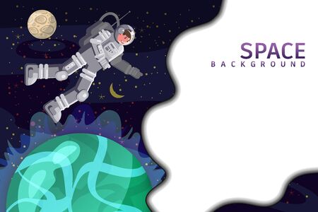 Space background card with spaceman, planet, sun, stars. Austronaut panoramic space templateのイラスト素材