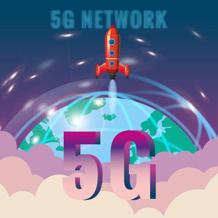 5G internet new mobile wireless technology wifi connection. Start rocket Earth planet letters 5g. Fifth innovative generation of the global high speed Internet network. Vector concept illustration isolation templateのイラスト素材
