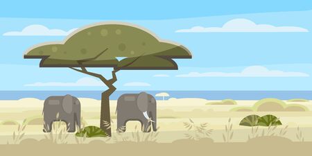 African landscape, savannah, wild herd of elephants, panorama, nature, trees, wilderness. Modern flat cartoon, vector illustration isolatedのイラスト素材