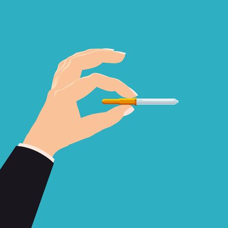 Hand hold pharmacy bottle plastic medicine pipette. Template banner vector illustration isolated cartoon flat styleのイラスト素材