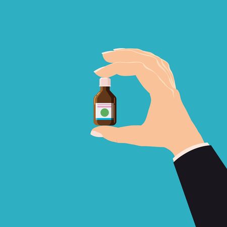 Hand hold pharmacy bottle glass medicine with screw cap for medicine, pills, tabs, drugs, cosmetic, sport, syrup. Template banner vector illustration isolated cartoon flat styleのイラスト素材