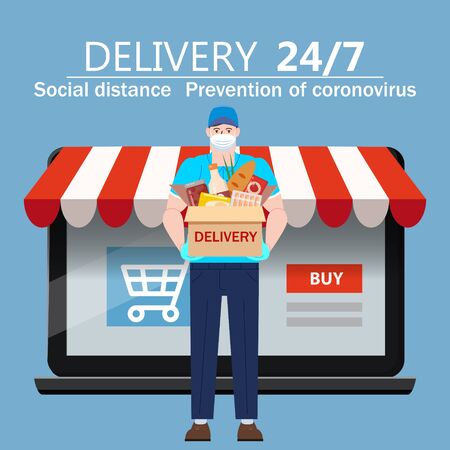 Safe Delivery courer man in medical protective mask with package box food products, laptop online shop store background. Delivery during quarantine pandemic coronovirus COVID-19. Vector illustration isolatedのイラスト素材