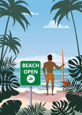 Summer beach banner Open surfer with surfboard. Seascape ocean shore tropical flora palms. Opening season vacation. Vector illustration isolatedのイラスト素材
