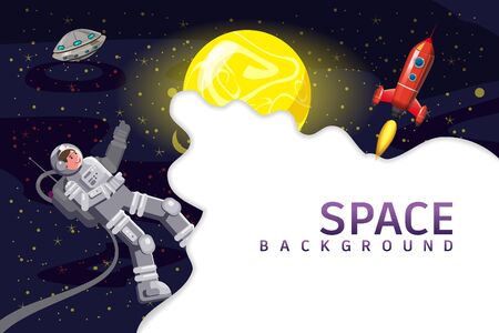 Space card background with spaceman, rocket, UFO, sun starsのイラスト素材