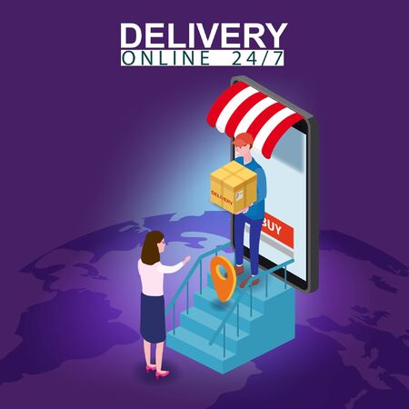 Delivery on Smartphone with online store, courier man delivers box parsel to the buyer woman isometry. Internet Shopping and Online Delivery Concept. Isometric icons map Earth background. Vector isolated illustrationのイラスト素材