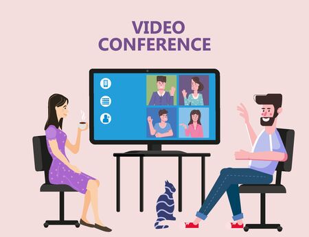 Woman and man worked from home Video conference people on computer screen laptop talking by internet in videocall, chatのイラスト素材