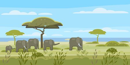 African landscape, savannah, wild herd of elephants, panorama, nature, trees, wilderness. Modern flat cartoon, vector illustration isolatedのイラスト素材