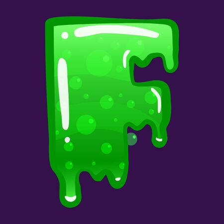 Slime font type letter F latin alphabet. Green bubbling toxic mold. Vector cartoon style illustrationのイラスト素材