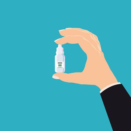 Hand hold pharmacy bottle plastic medicine with screw cap for medicine, pills, tabs, drugs, cosmetic, sport, syrup. Template banner vector illustration isolated cartoon flat styleのイラスト素材