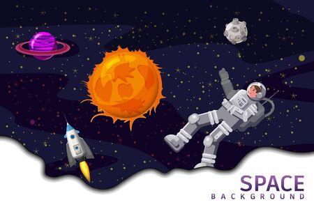 Space card background with spaceman, rocket, sun, planets, stars. Austronaut panoramic space templateのイラスト素材