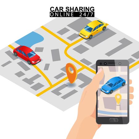 Car sharing isometric. Hand hold smartphone screen with city map route and points location blue carのイラスト素材