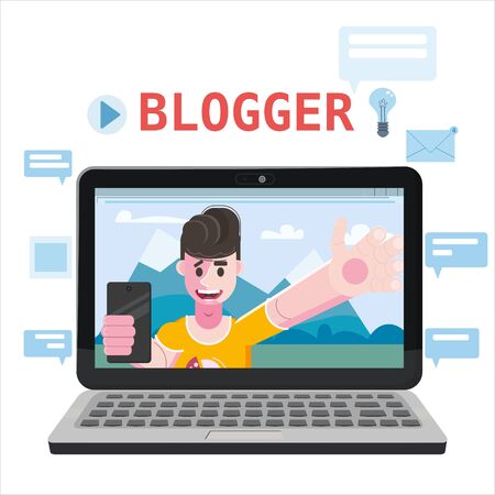 Blogger making video for blog or vlog. Popular young video streamer blogger man, live broadcast, podcast, online channel, laptop. Reviews, questions, answers of subscribers of the audience. Vector isolated illustration trendy flat styleのイラスト素材