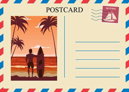Postacrd summer vintage surfer beach ocean. Vacation travel design card with postage stamp. Vector illustration isolated templateのイラスト素材
