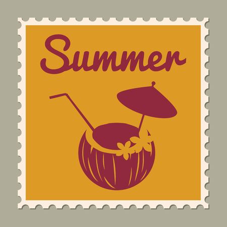 Postage stamp summer vacation Coconut cocktail. Retro vintage design vector illustration isolatedのイラスト素材