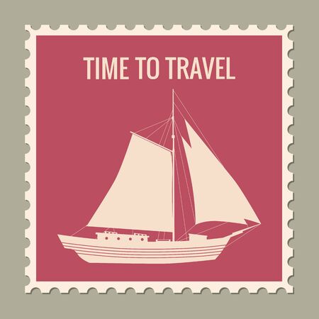 Postage stamp summer vacation Sailboat. Retro vintage design vector illustration isolatedのイラスト素材