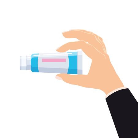 Hand hold pharmacy bottle plastic medicine tube for cream, pasta, gel. Template banner vector illustration isolated cartoon flat styleのイラスト素材