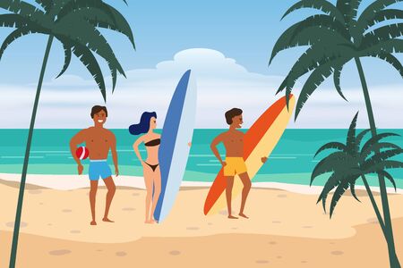 Summer beach surfers characters with surfboards and ball on sea ocean coast, palms sand surfのイラスト素材