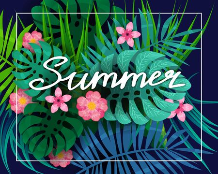 Summer tropical leaves exotical plants palm jungle leaf letteringのイラスト素材