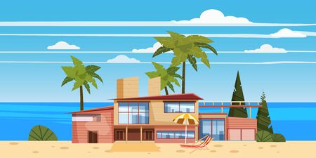 Sea shore beach luxury cottage villa house for rest with palms and plants, sea, oceanのイラスト素材