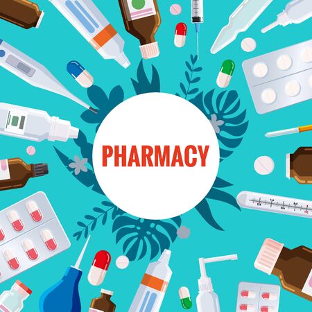 Pharmacy template frame with blister, tubes, spray, syringe, thermometer, pippete, jars pills drugs medical bottlesのイラスト素材