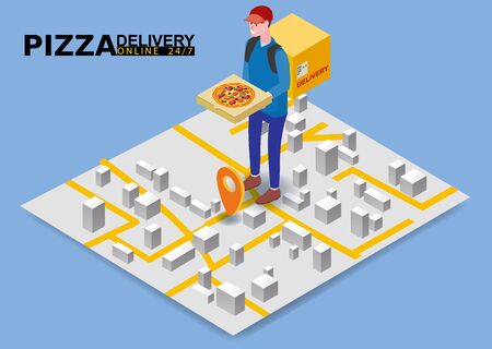 Isometry Pizza delivery courier man with package fast food pizza. Online service order, map city tracking. Vector illustration isolated flat isometric styleのイラスト素材
