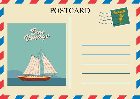 Postacrd summer vintage Sailboat ocean. Vacation travel design card with postage stamp. Vector illustration isolated templateのイラスト素材