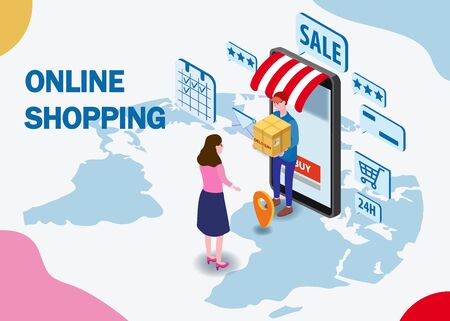 Delivery on Smartphone with online store, courier man delivers box parsel isometry. Internet Shopping and Online Delivery Concept. Isometric icons map Earth background. Vector isolated illustrationのイラスト素材