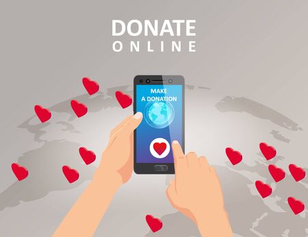 Donating money by online payments consept. Gold coin and eath palnet background hearts, button donation on smartphone screen. Hand holds smartphone. Modern charity. Vector illustration isolated landing templateのイラスト素材
