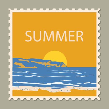 Postage stamp summer vacation Sunset ocean sea. Retro vintageのイラスト素材