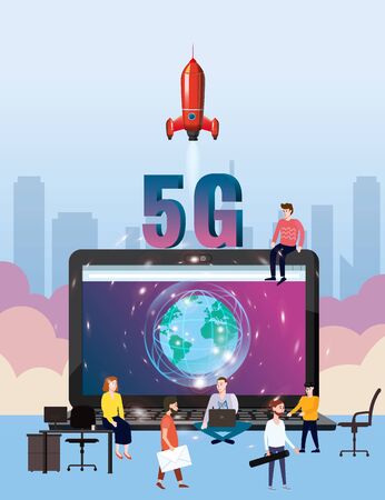 5G internet new mobile wireless technology wifi connection. Start rocket tine people laptop city letters 5g. Fifth innovative generation of the global high speed Internet network. Vector concept illustration isolation templateのイラスト素材