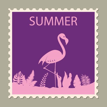 Postage stamp summer vacation Flamingo. Retro vintage designのイラスト素材