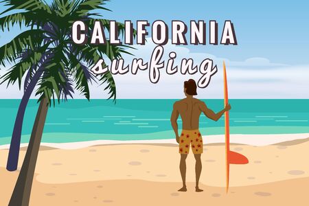 Summer beach surfer character man with surfboard on California ocean coast, palms sand surf. Beautiful tropical landscape seascape banner holiday vacation. Vector isolated cartoon styleのイラスト素材