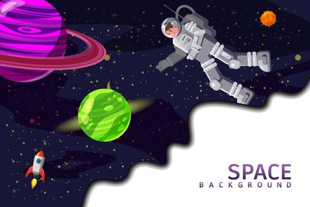 Space card background with spaceman, rocket, sun, planets, stars. Austronaut panoramic space templateのイラスト素材