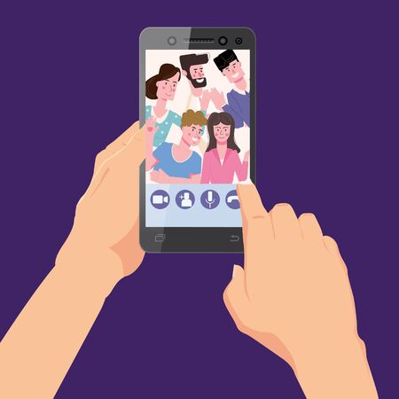 Hand holds smartphone. Video conference man on screen phone talking by internet in videocall, chat, UI,UX interface. Online meeting team workspace remote management communication meeting. Vector illustration isolated trendy flat styleのイラスト素材
