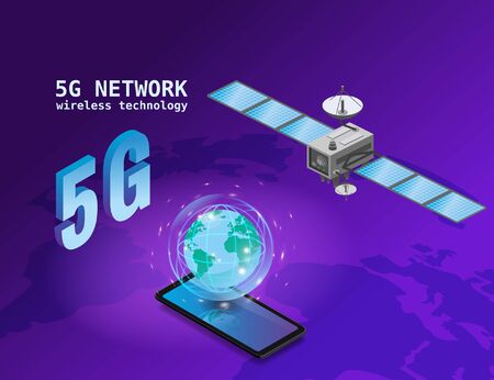 Global 5G internet network satellite communication. Satellite flying orbital upon Earthのイラスト素材