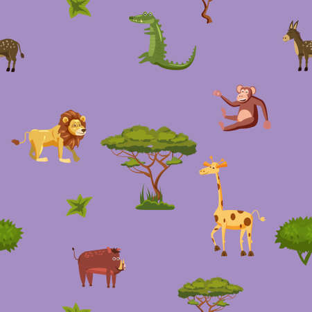 Animals Africa lion giraffe monkey crocodile boar seamless pattern. Vector illustration cartoon styleのイラスト素材