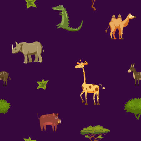 Animals Africa rhinoceros giraffe donkey crocodile boar camel seamless pattern. Vector illustration cartoon styleのイラスト素材