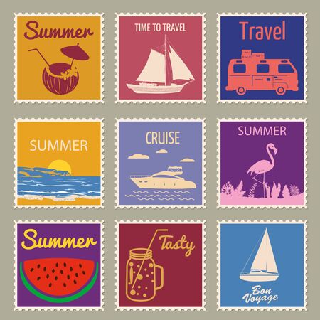 Set Postage stamp summer vacation Sunset Watermelon Jar Yacht Van Sailboat Flamingoのイラスト素材