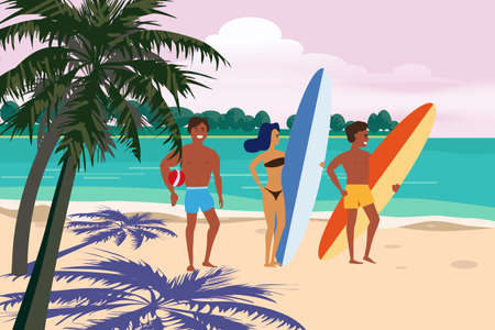 Summer beach surfers characters with surfboards and ball on sea ocean coast, palms sand surf. Beautiful tropical landscape seascape banner holiday vacation. Vector isolated cartoon stylのイラスト素材