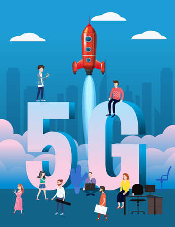5G internet new mobile wireless technology wifi connection. Start rocket tine people city letters...