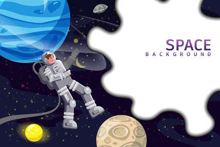 Space background card with spaceman, planet, sun, UFO, stars. Austronaut panoramic space templateのイラスト素材