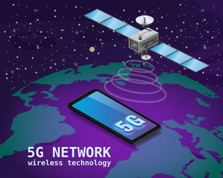 Global 5G internet network satellite communication. Satellites flying orbital upon Earth wireless...