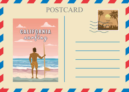 Postacrd summer vintage surfer beach ocean. Vacation travel design card with postage stampのイラスト素材