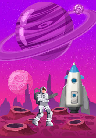 Astronaut exploring alien planet rocket. Cosmonaut scientific traveler character on a rocky surface in far galaxyのイラスト素材