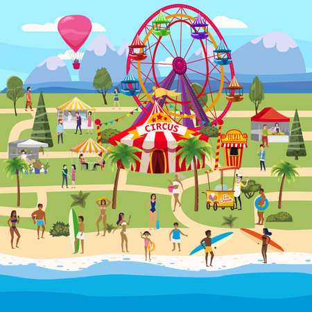 Amusement park outdoor coast sea ocean festival Curcus tent Ferris Wheel Tents Canopyのイラスト素材